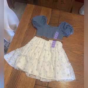 Zunie Blue Puff Sleeve Top with Cream Floral Tiered Skirt